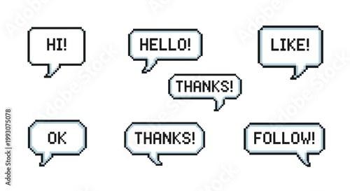 collection of pixel art speech bubbles containing common social media terms like hi hello like thanks and follow.