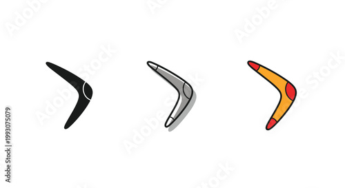set of three curved boomerangs in different styles including a solid black silhouette and a colorful decorated version.