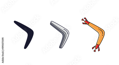 collection of boomerang icons showing different perspectives and designs with motion indicators and colorful details.