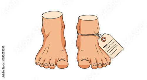 medical morgue concept showing a pair of human feet with an identification toe tag attached to the ankle for forensics.