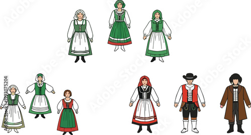 Traditional folk costumes collection with men and women in cultural clothing, flat vector illustration set for heritage, festival and ethnic fashion design