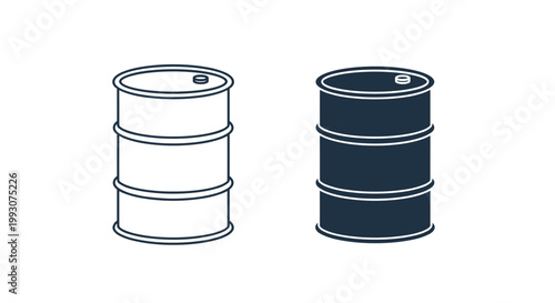 pair of industrial oil barrel or drum icons shown in two styles including a thin line outline and a solid dark silhouette.
