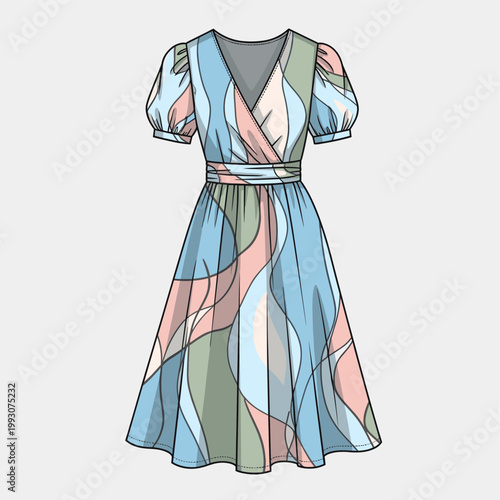 Illustration of a stylish women's midi dress featuring a V-neck, short puff sleeves, and a cinched waist, adorned with a pastel abstract wavy pattern in blue, pink, and green.