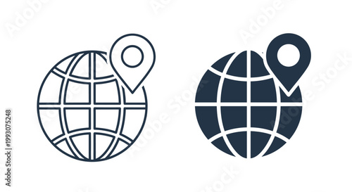 global location icons featuring a globe of the earth with a map pin marker in both outlined and solid filled styles.