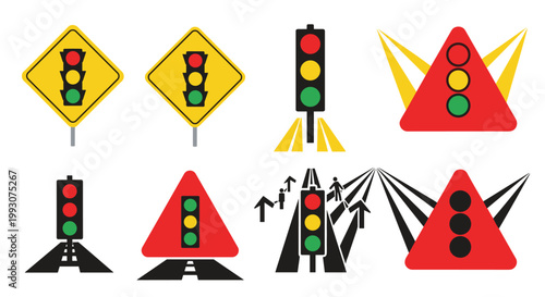 collection of road signs and traffic lights showing various warning symbols for street safety and vehicle navigation.