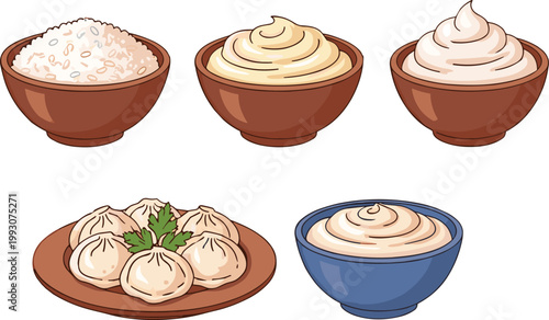 Traditional food bowls collection with rice, mashed dishes and dumplings, hand drawn style illustration set for cuisine, restaurant menu and homemade cooking design