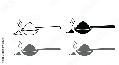 collection of spoons filled with powder or flour shown in four different graphical styles for cooking or health themes.