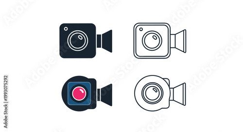 set of four video camera and camcorder icons in different styles including solid silhouettes and outlined graphics.