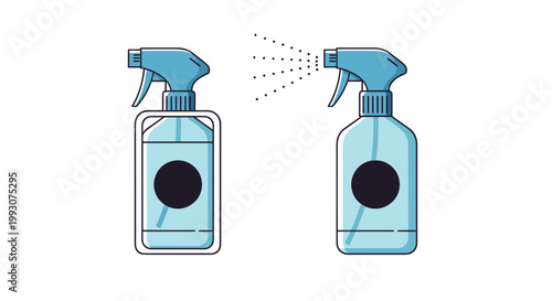 pair of plastic spray bottles with trigger handles shown in a flat design style with one bottle producing a mist.
