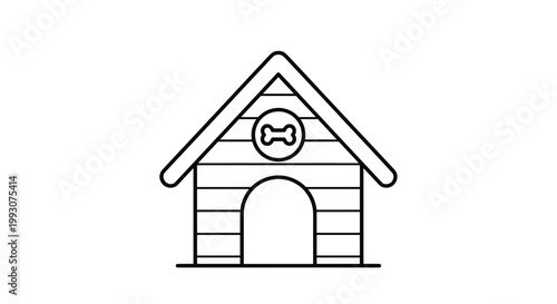 Minimalist line art illustration of a wooden dog house with a decorative bone symbol on the front, representing pet care and animal shelter.