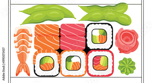 Set of assorted sushi rolls with edamame shrimp ginger and wasabi.