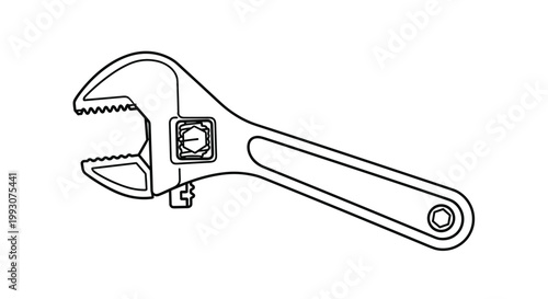 Technical line drawing of an adjustable crescent wrench tool used for mechanical repairs, construction work, and home improvement projects.