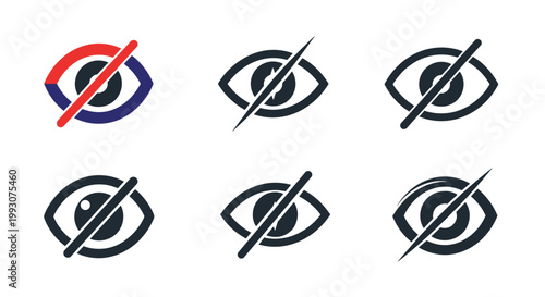 Selection of hidden eye icons with diagonal slashes representing privacy, invisible content, parental controls, and secret information.