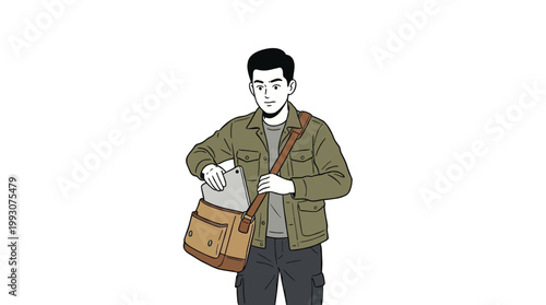 Man Putting Tablet into Messenger Bag - Business and Technology Concep