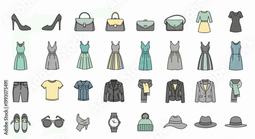 A comprehensive collection of fashion items and accessories, including shoes, handbags, dresses, outerwear, and headwear, presented in a clean, illustrative style.