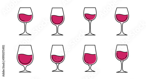 Collection of elegant wine glasses partially filled with red wine shown in various shapes and sizes for tasting and celebration themes.