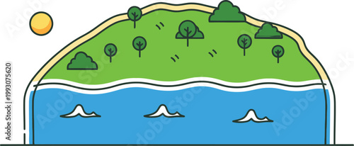 Minimalist island landscape with sea and trees flat vector illustration