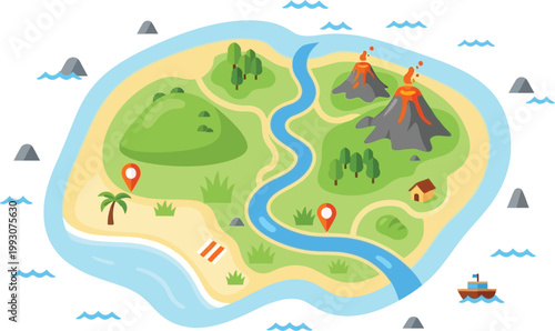 Tropical island map with volcano and river adventure game level design