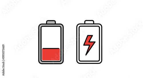 Battery status icons showing a low power level in red and a charging state with a lightning bolt symbol for electronics and technology.