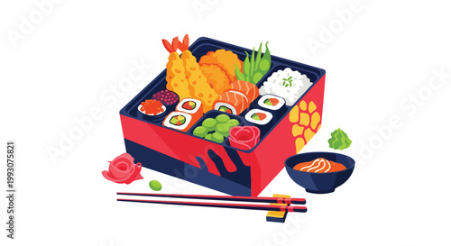 Traditional Japanese Bento Box with Sushi and Tempura.