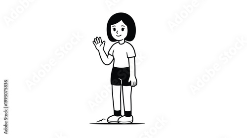 Charming Cartoon Girl Waving Hello: Friendly Greeting Illustration