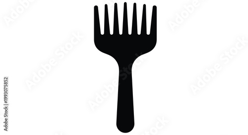 A minimalist depiction of a black afro pick isolated on a stark white background showcasing its simple form