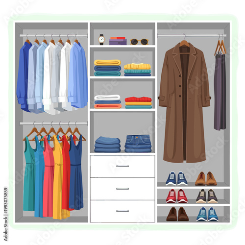 A well-organized modern closet interior displaying a variety of neatly arranged clothing, shoes, and accessories on shelves and hangers.
