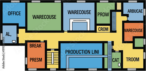 Floor plan of an industrial facility showing office, production, and storage areas