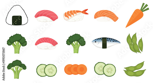 Set of assorted healthy sushi ingredients and fresh vegetables icons.