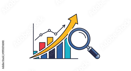 Colorful business growth chart with an upward arrow and a magnifying glass representing market analysis, research, and financial success.
