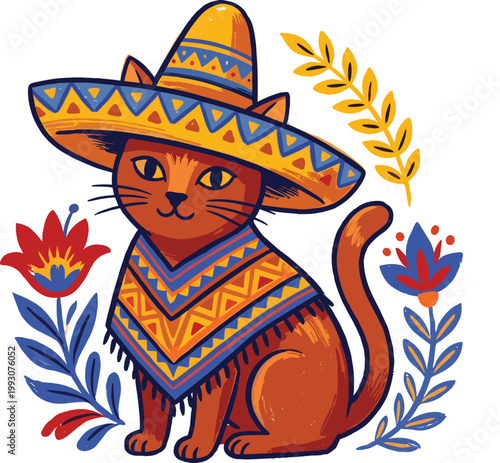 Cute Orange Cat Wearing Sombrero and Poncho, Mexican Fiesta Illustration