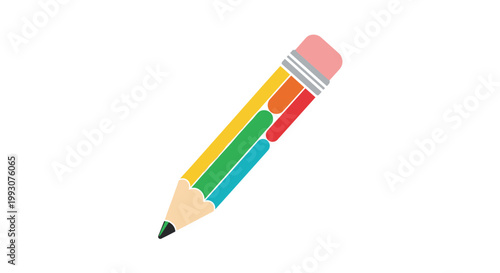 Stylized artistic pencil illustration made of colorful segments with a pink eraser tip representing creativity, education, and design.