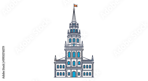 Detailed architectural line drawing of a historic tall tower or building with a small flag on top representing heritage and landmarks.
