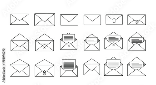 Extensive collection of envelope and mail icons in different states such as open, closed, or containing letters for communication needs.