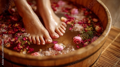 Bare woman's feet soaking in a wooden basin filled with warm water aromatic flower petals and sea salt crystals