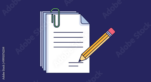 Illustration of a stack of documents held by a paperclip being signed with a pencil representing business contracts and paperwork.