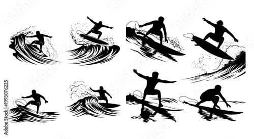 Elegant Surfer Girl Silhouette Vector Art Set Showcasing Ocean Waves and Dynamic Surfing Poses