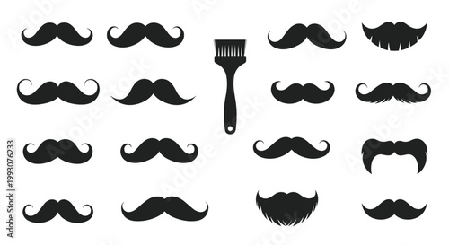 Large collection of different mustache styles and a grooming brush tool representing barbershop services and male facial hair trends.