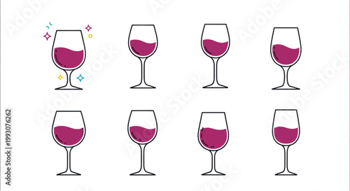 Grid of wine glasses filled with red wine featuring one unique glass highlighted with colorful sparkles for special occasions.