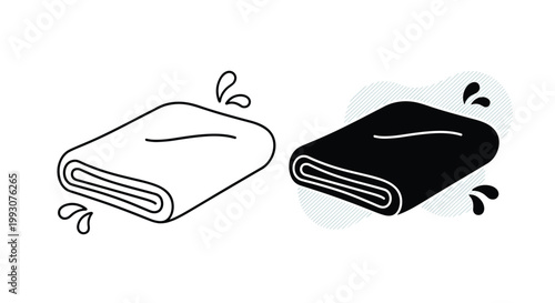 Two icons of a folded towel shown in outline and solid black styles with water droplets representing laundry, hygiene, and spa care.