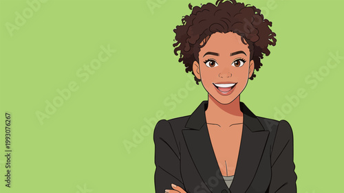Confident Businesswoman with Curly Hair and Black Blazer