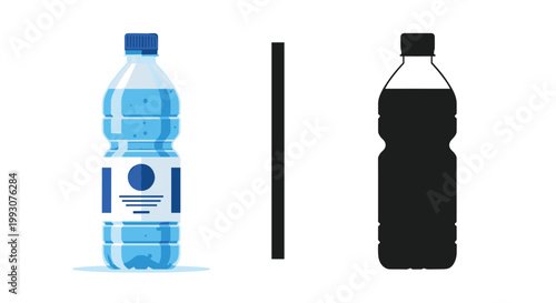 Two versions of a plastic water bottle shown in a realistic blue design and a solid black silhouette for hydration and recycling.