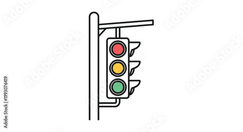 Vertical traffic light attached to a pole displays red yellow and green signal lights to control automotive road safety.