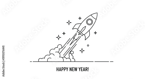 Space rocket launching into the stars with smoke clouds and text wishing a happy new year for a celebratory design.