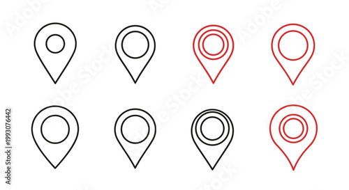 Group of eight location pin icons arranged in two rows with variations in black and red colors for mapping applications.