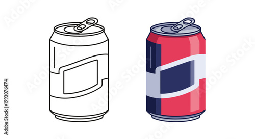 Pair of beverage aluminum cans are shown side by side in a simple outline version and a colored red and blue version.