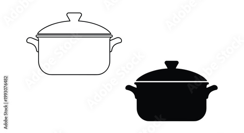 Two kitchen cooking pots with lids and handles are displayed as matching outline and solid black silhouette icons.