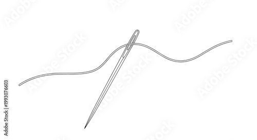 Sewing needle with a long wavy thread passing through its eye is illustrated as a minimalist black line art icon.