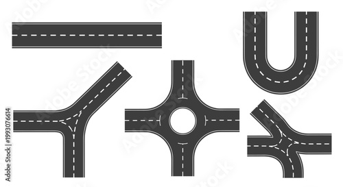 Selection of six different road segments including straight curves crossroads and roundabouts for mapping and urban design.
