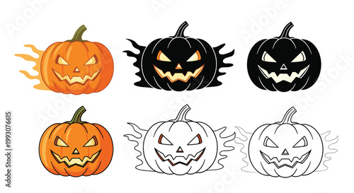 Collection of six spooky jack-o-lantern pumpkin icons in different styles like colored silhouette and outline for Halloween.
